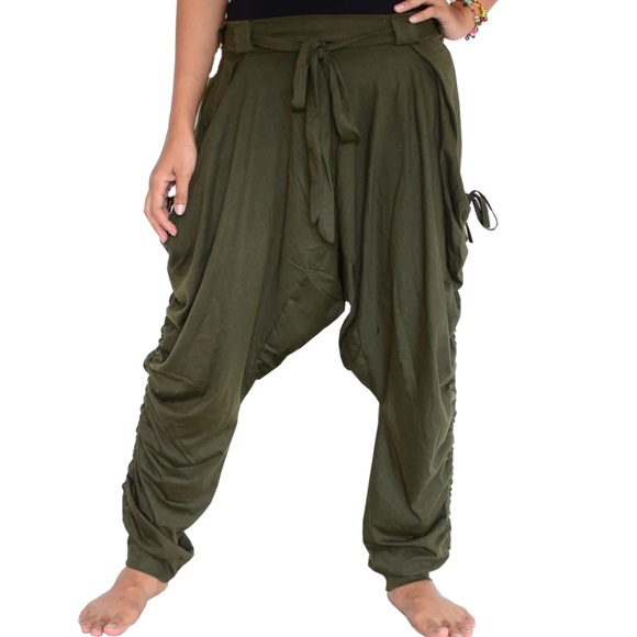 Sakoonee Pants - Sakoonee Harem Dhoti Palazzo Olive Green Cargo Pants with Drawstring Unisex OS